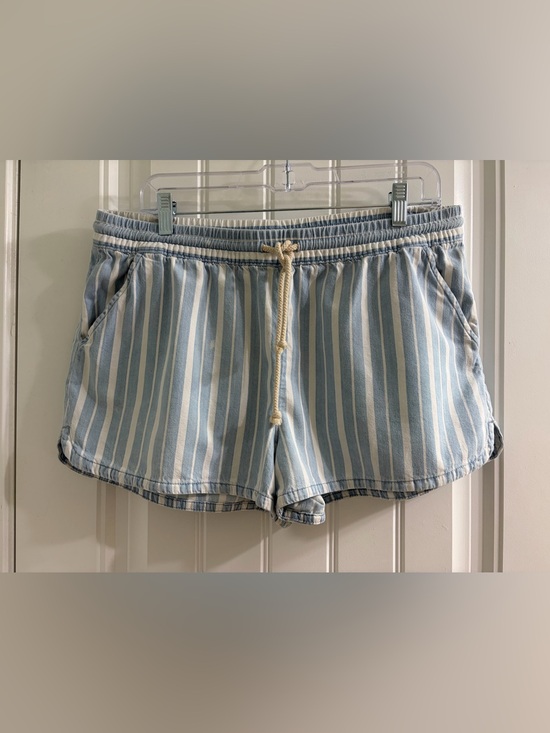 aerie Pants - aerie Blue & White Striped Chambray Drawstring Beach Shorts L Coastal Casual